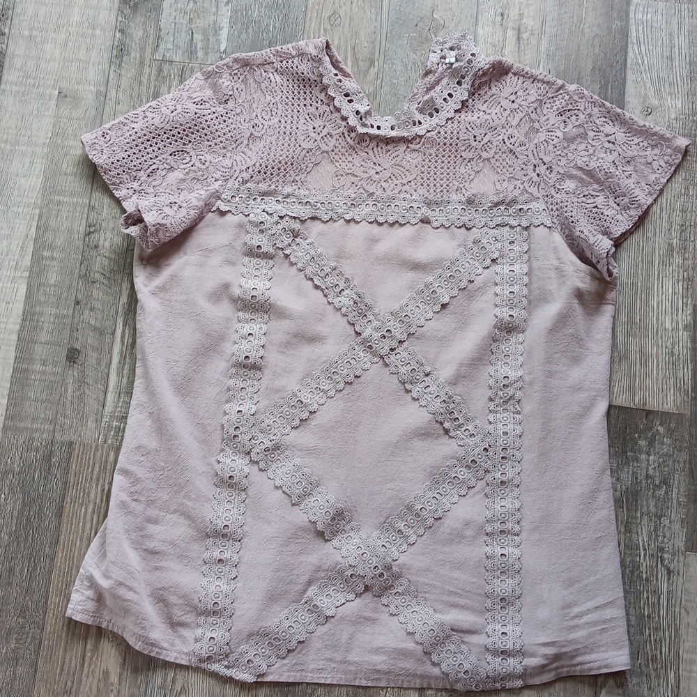 Elegant Lace and Linen Blouse Dusty Purple L